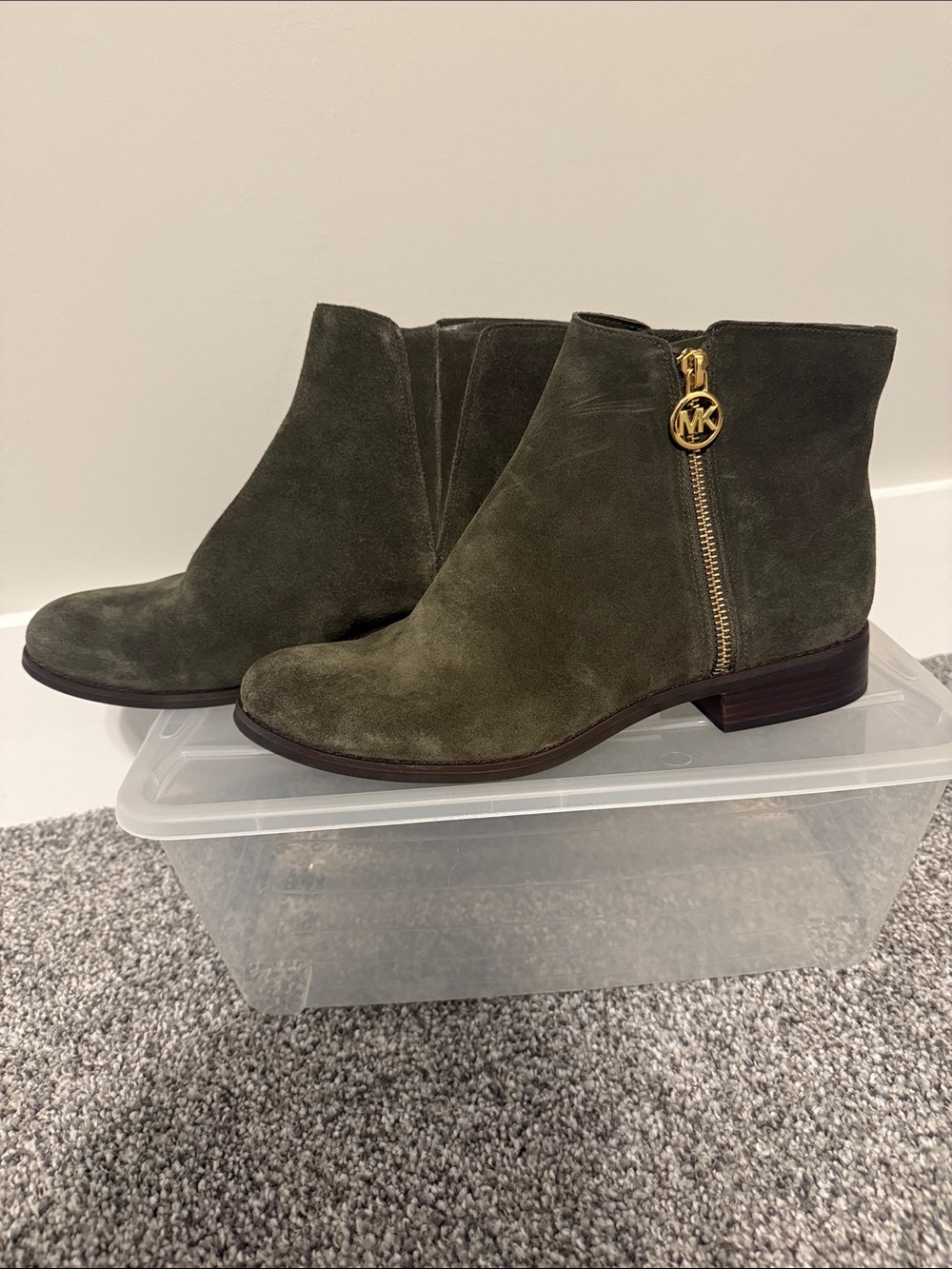 Michael Kors Olive Green Suede Ankle Booties with Gold MK Charm